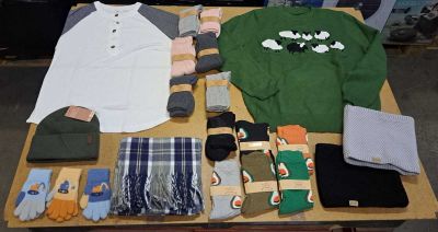a table with a lot of clothing and accessories on it