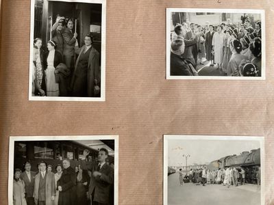 several old black and white photos of people standing in front of a train