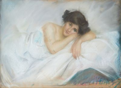 une peinture représentant une femme allongée sur un lit