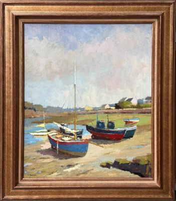 an oil painting of two boats on a beach next to a body of water