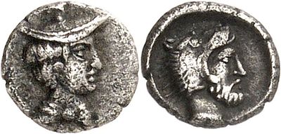a silver coin with an image of a man and a woman on it