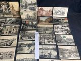 several old black and white photographs of a city and a bridge