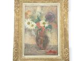 a painting of flowers in a vase on a table