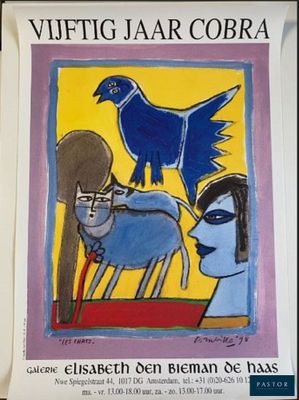 a painting of a blue bird on a yellow background