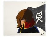 a drawing of a woman with a pirate flag and skull on her head