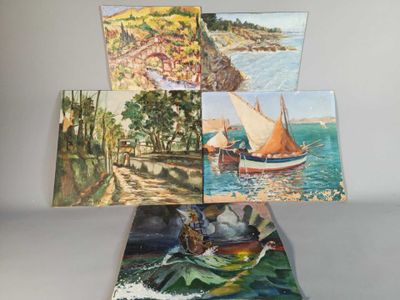 four paintings of boats on display on a table