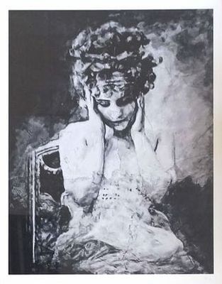 dessin en noir et blanc représentant une femme assise sur une chaise, les mains sur le visage