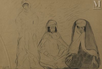 drawing of three women sitting on the ground in front of a man and a woman