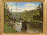 an oil painting of a bridge over a river with a house in the background