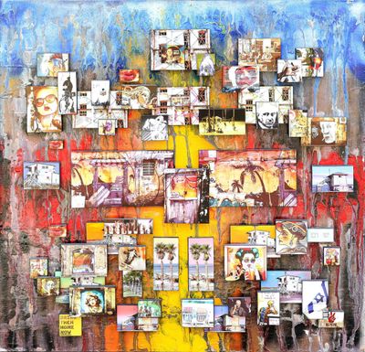 painting of a collage of pictures on a wall with a fire hydrant in the foreground