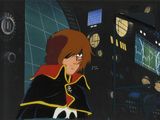 an image of a woman in a black and red outfit standing in front of a clock tower