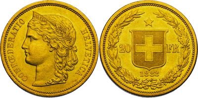 une pièce d'or sur laquelle figurent l'effigie d'une femme et une croix