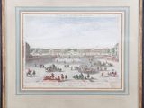 painting of a view of a palace with a fountain and people in the foreground