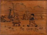 tableau représentant deux enfants jouant dans un champ, avec un moulin à vent en arrière-plan