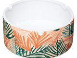 a close up of a bowl with a tropical print on it