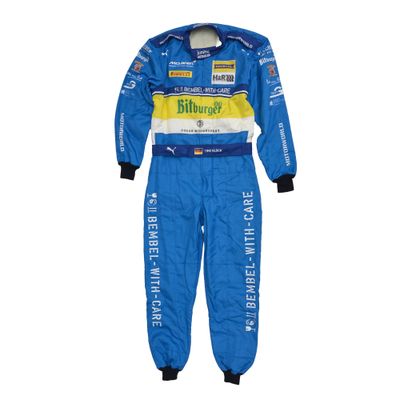 a blue race suit with yellow and white lettering on it