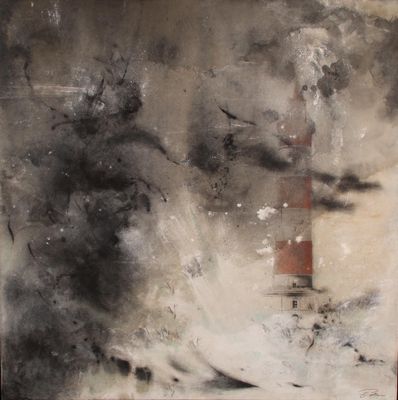 a painting of a lighthouse in the middle of a storm