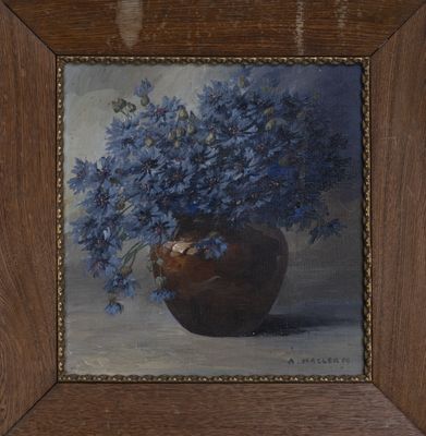 a painting of blue flowers in a vase on a table