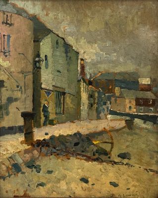 painting of a street scene with a car parked in front of a building