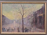 une peinture à l'huile représentant des personnes marchant dans une rue de la ville sous la pluie