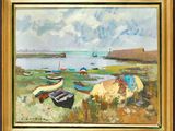 une peinture à l'huile représentant des bateaux sur la rive au bord d'un plan d'eau