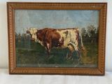tableau représentant une vache brune et blanche dans un champ, avec des arbres en arrière-plan