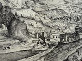 drawing of a view of a town in the mountains with a river