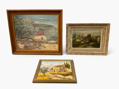 three framed paintings of a landscape and a house in a wood frame