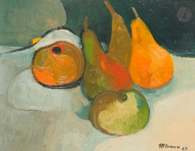 un tableau représentant des poires et des oranges posées sur une table