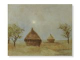 an image of a painting of two straw huts in a field