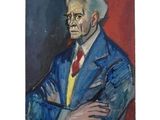 une image représentant un tableau d'un homme en costume bleu et cravate rouge