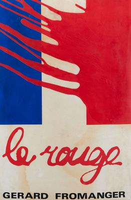 une affiche rouge, blanche et bleue sur laquelle est inscrit « le rouge »