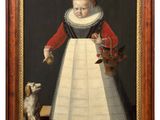 portrait of a girl with a basket of flowers and a dog