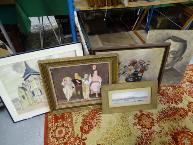 Lot de six cadres décoratifs : portraits, paysage, aquarelles, hu...