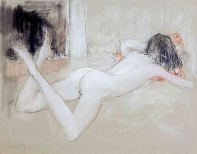 tableau représentant une femme nue allongée sur un lit avec un chat