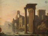 tableau représentant une vue d'une ville romaine avec des ruines et des personnages au premier plan