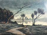 a painting of a path leading to a body of water