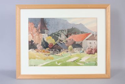 une aquarelle représentant un village avec une église en arrière-plan
