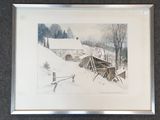 tableau représentant une ferme sous la neige, avec un traîneau au premier plan