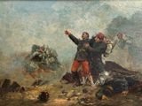 tableau représentant un groupe d'hommes debout au sommet d'une colline