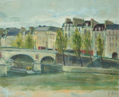 peinture d'un pont sur une rivière avec des bâtiments en arrière-plan