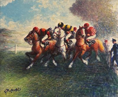 une peinture représentant un groupe de jockeys à cheval