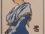 painting of a woman in a blue dress with a hat on her head