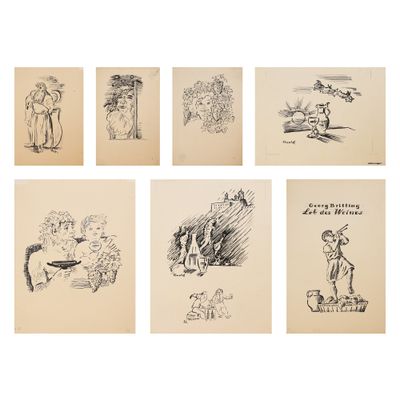 six dessins représentant des personnes et des animaux dans diverses poses