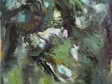 une peinture à l'huile représentant un cheval et son cavalier dans un champ vert