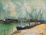 a painting of boats docked on the shore by the water