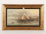 painting of a boat in a body of water with people on it