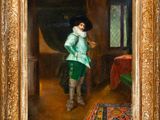 painting of a man in a green suit and hat standing in a room