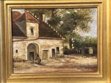 an oil painting of a building with a horse and carriage in front of it