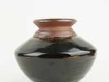a black vase sitting on a white surface with a white background